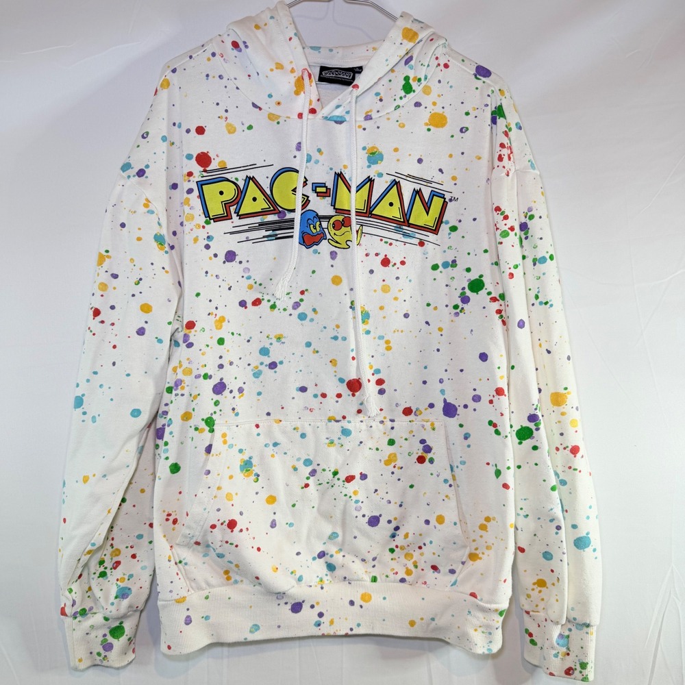 Pac-Man Mens White Rainbow Paint Splatter Arcade Graphic Hoodie Large Bandai